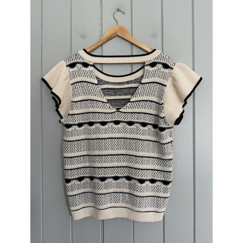 Baltic Born Herriman Knit Top 1X Black White Flutter Short Sleeves Fair Isle - Picture 5 of 7